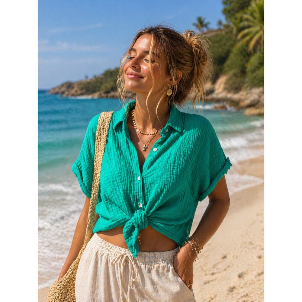 Universal Thread XS Green Gauze Shirt Tie Front Cotton Summer Beach Top